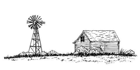 rustic farmhouse with windmill vintage engraving style doodle sketch vector © Kaz