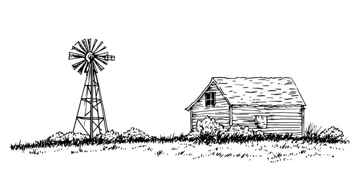rustic farmhouse with windmill vintage engraving style doodle sketch vector