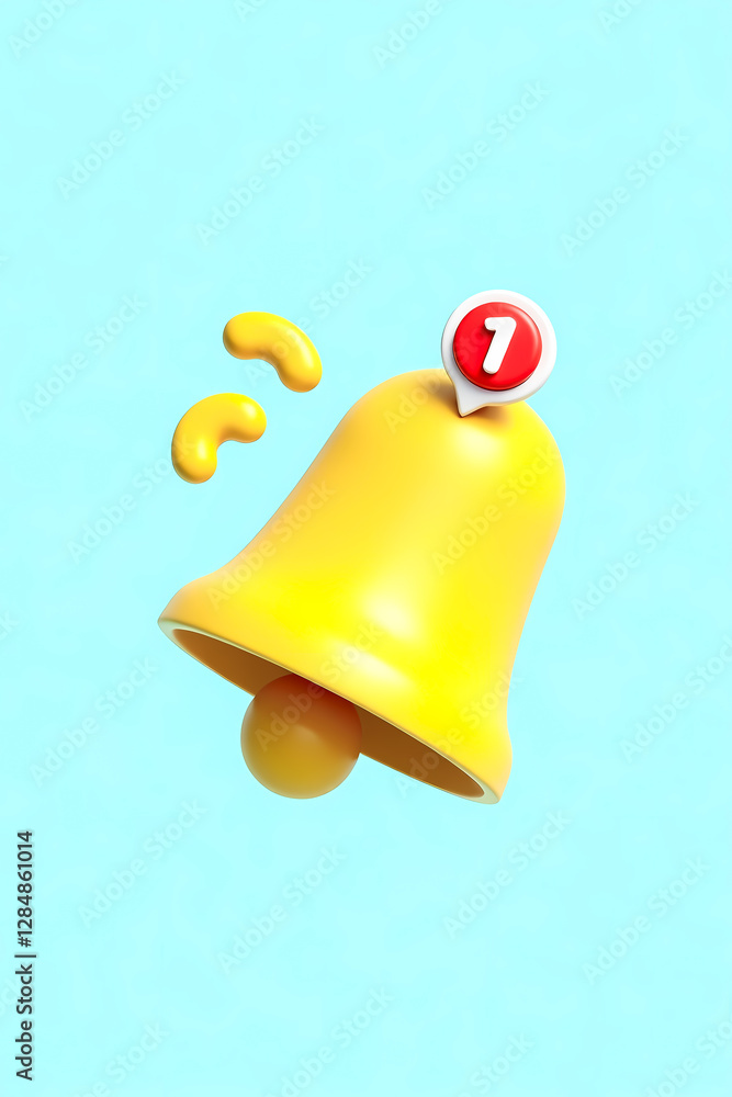 Poster 3d-rendered yellow bell with a red notification showing one new message