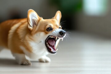 Obraz premium A Corgi dog with a bared teeth, displaying aggressive behavior, indoors on a blurred background.