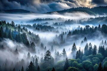 Whispers of Mist: The ethereal beauty of a misty forest, with layered evergreen trees partially veiled in a soft, atmospheric fog, creating a serene and mysterious scene.