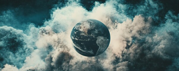 Earth surrounded by clouds in space at night with atmospheric glow and blue sky