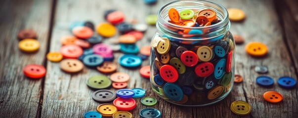 Colorful assorted buttons in a glass jar on wooden table