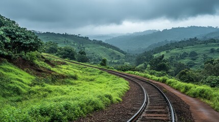 Lush Green Landscape with Curving Railway Tracks Under Dramatic Cloudy Sky
