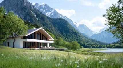 Mountain lake house, scenic view, summer