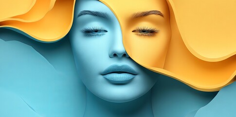 A colorful, geometric design depicts a stylized face with bold shapes and lines. The blue and yellow contrast highlights the straightforward yet expressive facial features