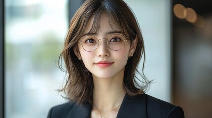 Obraz premium Young Woman in Glasses with Soft Expressions in Modern Setting