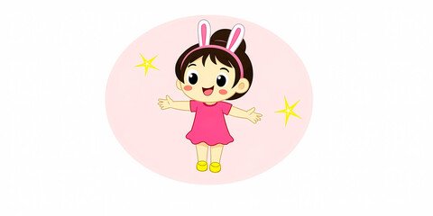 cheerful little girl in a pink dress and bunny ears headband