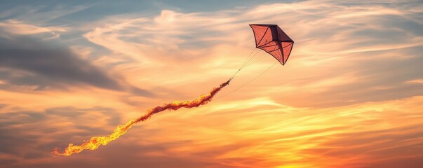 Vibrant sunset sky with soaring kite and glowing tail against a colorful cloud backdrop