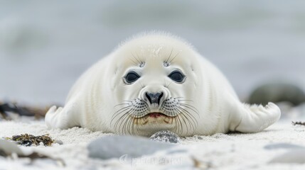 Close-up of a baby seal resting on the beach, its round eyes and soft whiskers creating a scene of pure innocence.