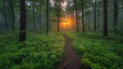 Fototapeta premium Sunrise path through misty forest
