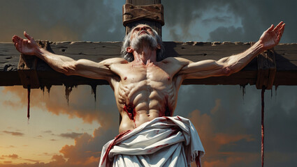 Depiction of a Man Affixed to a Wooden Cross with Bloodstains, Facing Upwards in a Sky Background