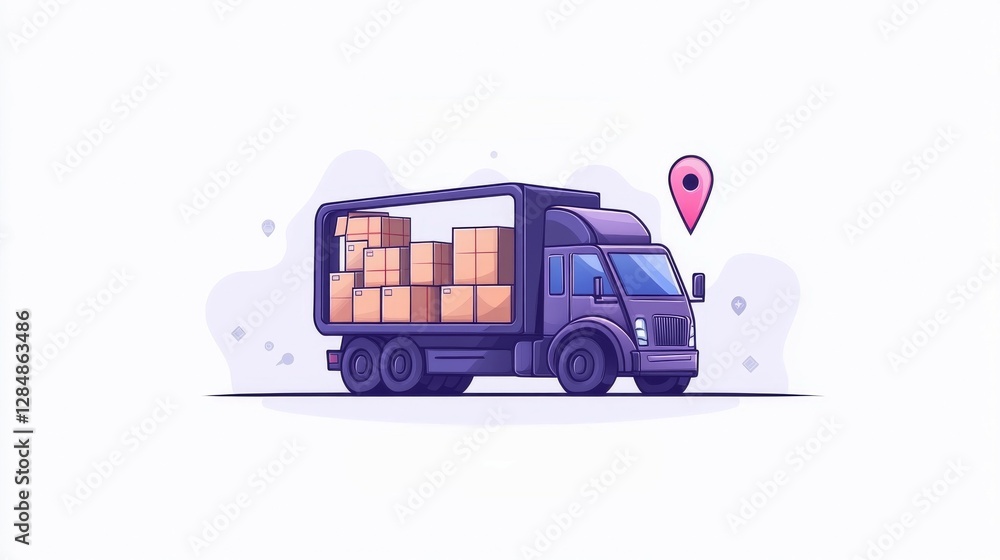 Poster the scene shows a red delivery truck approaching a stack of boxes, with location pins indicating the