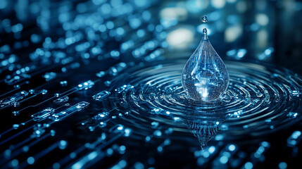 Digital water glowing bright tone droplet icon with binary code symbolizes sustainable water resource management, AI-driven hydrology modeling, and environmental monitoring analysis in modern technolo
