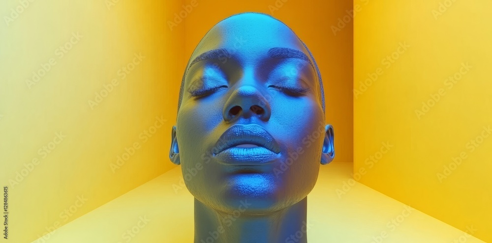 Poster a face formed by basic shapes is positioned in front of a backdrop where blue and yellow planes inte