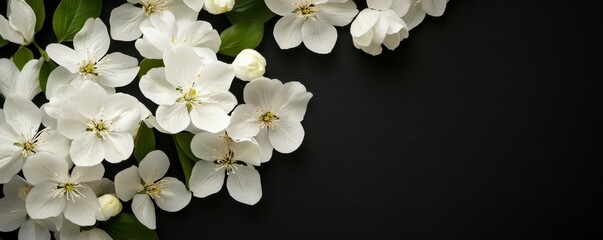 Elegant white cherry blossoms on dark background with green leaves