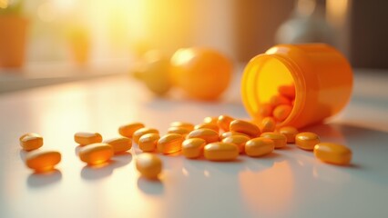 Vitamin C Tablets, Bird's-eye view of Vitamin C tablets spilling on a white countertop under golden sunset light warm and inviting photorea