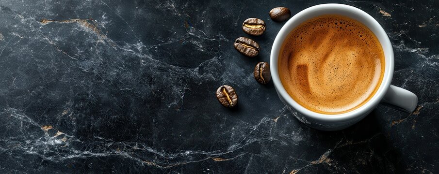 Freshly brewed espresso with coffee beans on marble surface