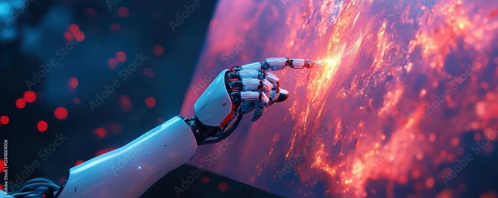 Poster robotic hand interacting with futuristic interface displaying glowing red and orange hues