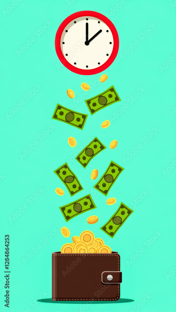 Poster money and coins into a wallet with a clock above symbolizing time and wealth.