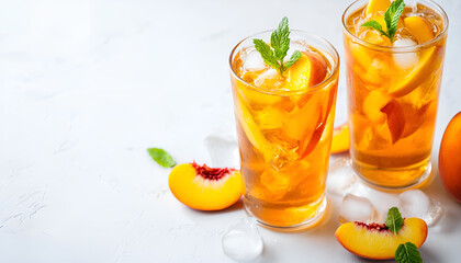Fototapeta premium Peach iced tea. Iced tea with peach slices, mint and ice cubes on white background close up. Homemade refreshing summer drink