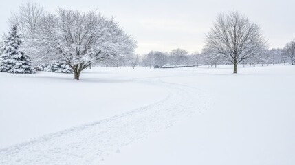Fototapeta premium Snowy park path, winter wonderland scene