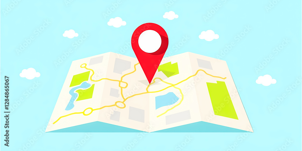 Poster folded map with a red location marker pinpointing a route