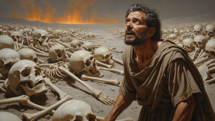 Vision of Dry Bones: A man witnesses a valley of skeletons, with fire on the horizon, evoking themes of loss and potential restoration.