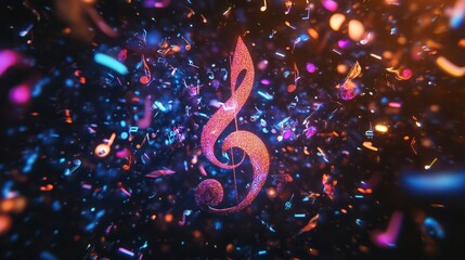 colorful music treble clef symbol with musical notes flying around it on black background
