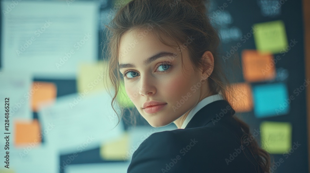 Aufkleber determined businesswoman analyzing charts and graphs in a modern office setting during the day