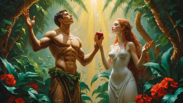 An artful rendering of a biblical scene, with a central apple and two figures in a jungle setting. Bright sunlight illuminates them.
