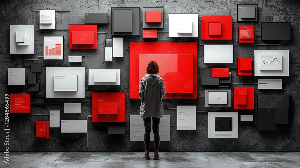 Poster contemplating data streams, individual navigating a complex digital landscape