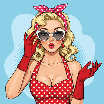 A Close up of Sexy Pin-up Girl with 1960s Retro Style in White Clear Background Isolated