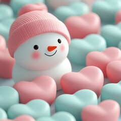 Snowy Romance: Endearing snowmen pair in a seamless pattern featuring a winter wonderland. This charming design with hearts and snowflakes is perfect for festive creations