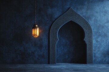 A hanging lantern illuminates a decorative arch in a dark room
