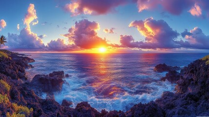 Tropical sunset over rocky coastline with dramatic clouds