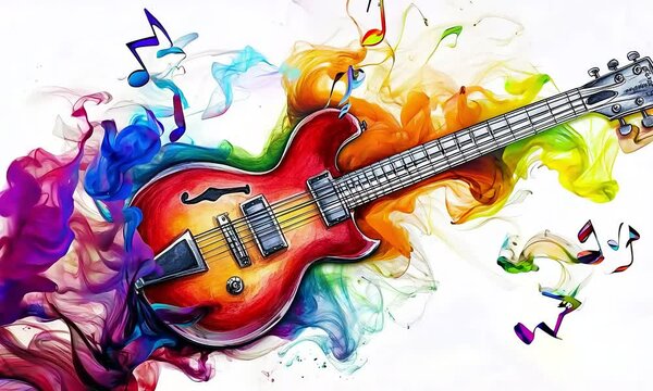 guitar and musical notes flowing out, colorful cartoon