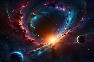 Obraz premium Stunning Cosmic Landscape Featuring Distant Galaxies, Colorful Nebulae, and Mysterious Planets in the Vast Universe