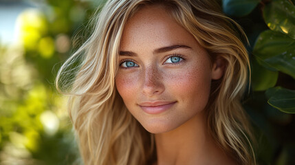 Naklejka premium Closeup portrait of a beautiful blonde model with blue eyes and a natural smile in her face.