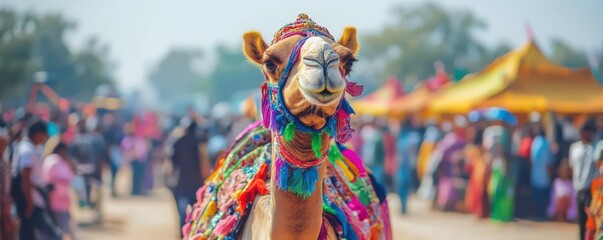 Colorfully adorned camel at vibrant outdoor festival