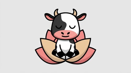 Cartoon Meditating Cow on Lotus Flower on White Background Generative AI
