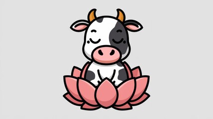 Fototapeta premium Cartoon Meditating Cow on Lotus Flower on White Background Generative AI