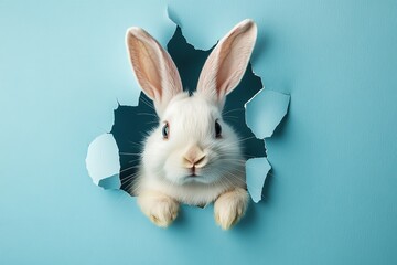 Obraz premium Rabbit Peeking Out of a Hole on Blue Background, Perfect for Easter Banners or Ads, Top View