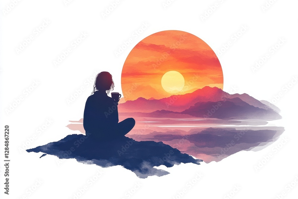 Poster sunset reflection with a person enjoying a warm drink by the serene lakeside with mountains in the b