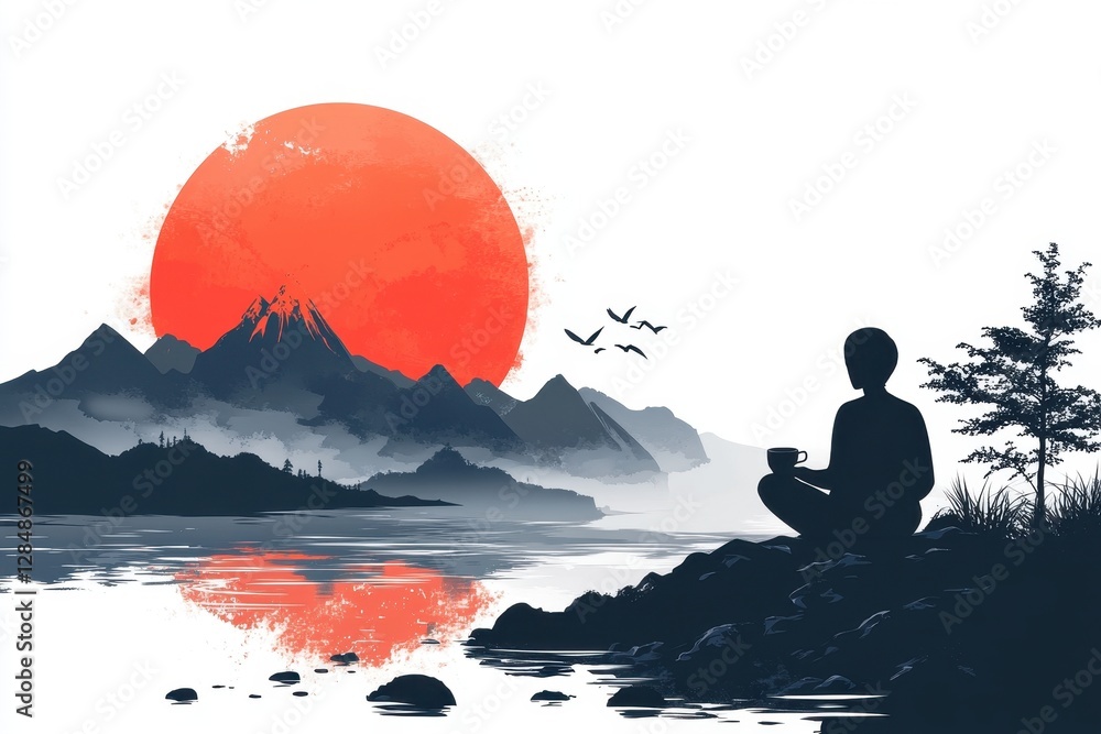 Poster sunset reflection with a person enjoying a warm drink by the serene lakeside with mountains in the b