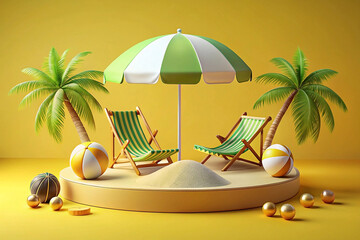 Obraz premium Tropical beach chairs, umbrella, yellow background, summer vacation scene, product display