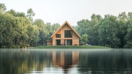 Obraz premium Contemporary Minimalist Home: A bold modern residence featuring a streamlined, triangular shape and wooden exterior. Its expansive windows flood the interior with natural light