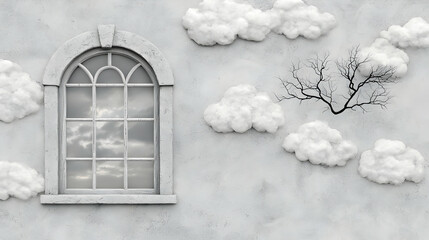 Clouds, window, branch, wall, surreal scene, design
