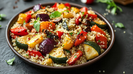 Top down view of a plate with quinoa and roasted vegetable salad on a black texture background.