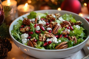 Festive holiday salad in elegant dinner setting with candles